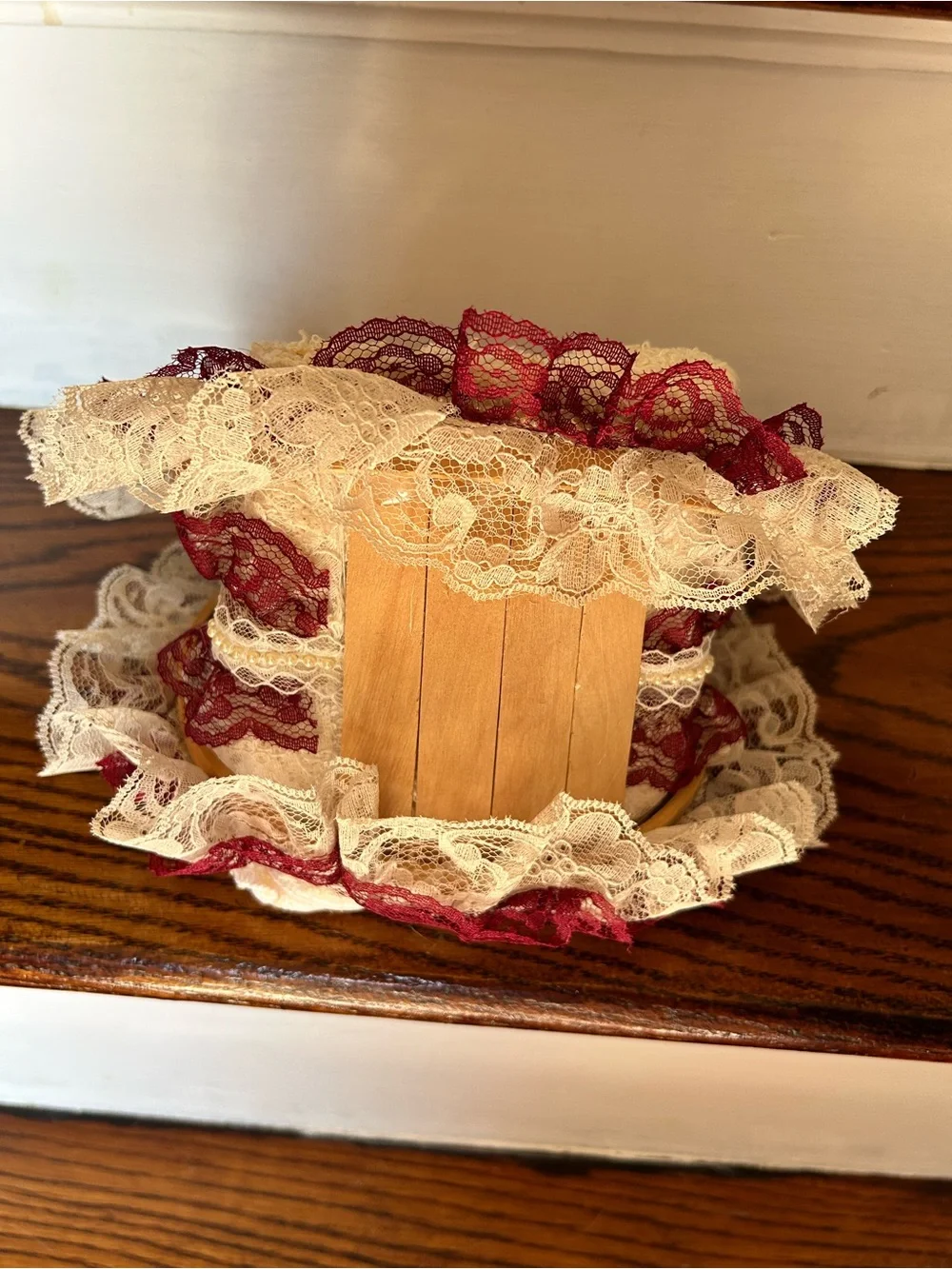 Cottage Core Lace Ribbon Decorative Basket with Rolled Towels - Cream & Burgundy